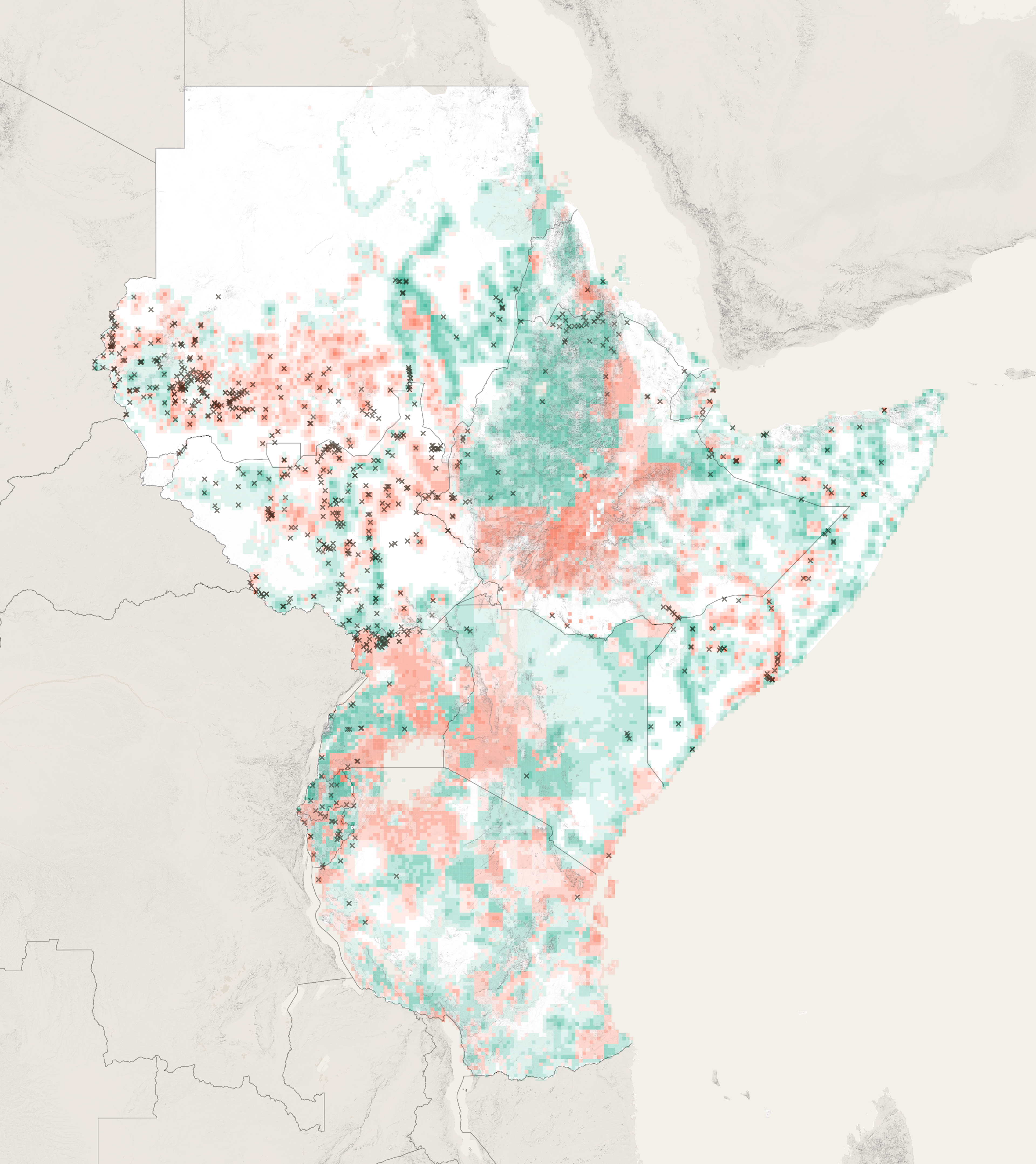 Borderland areas in East Africa that already see large-scale displacement are forecast to be hotspots for climate mobility in the future.