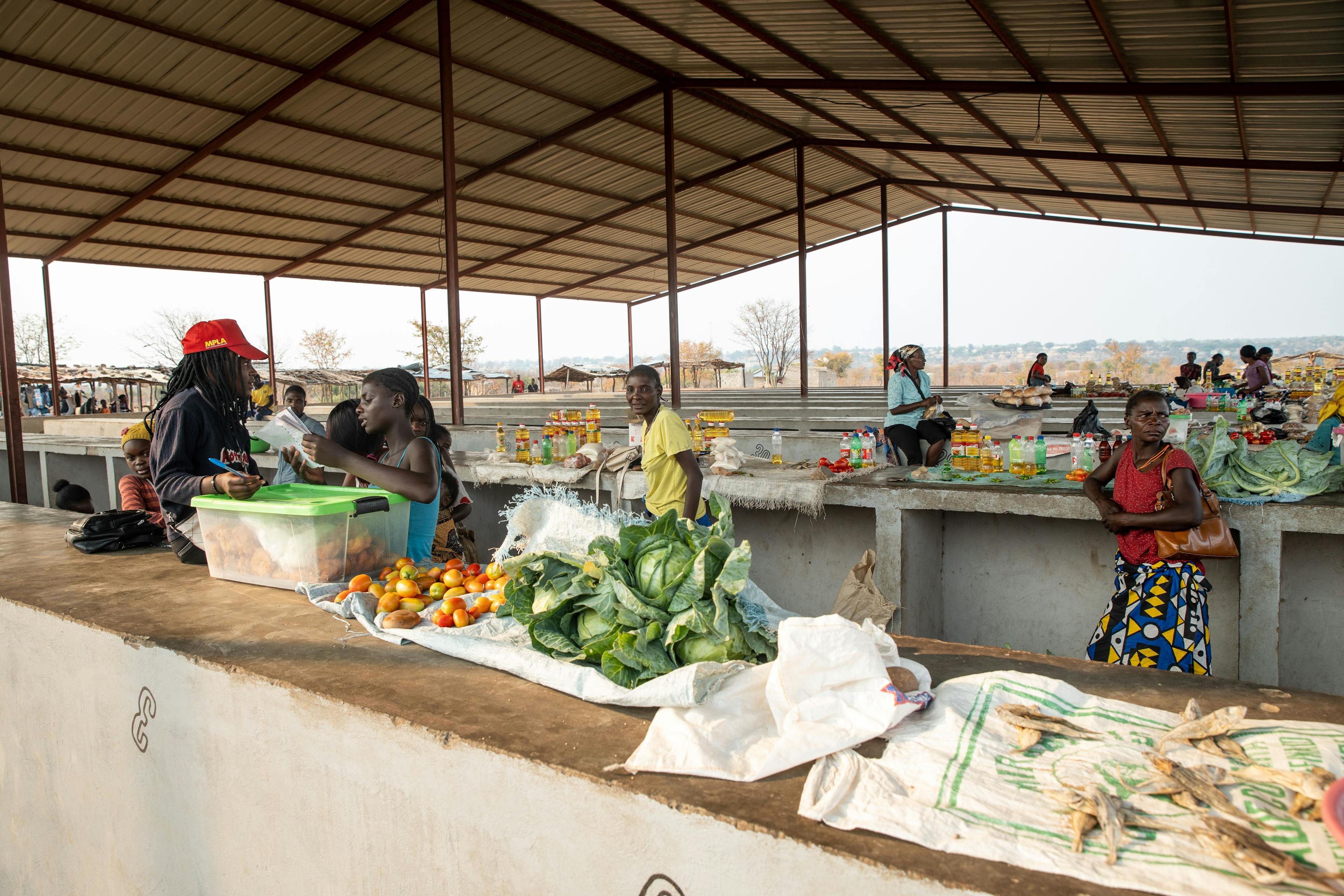Traders at this open-air market sell fresh produce and pastries. Increasing crop yields due to improved climatic conditions in some areas are linked with an uptick in cross-border mobility, as people have the means to move over longer distances.